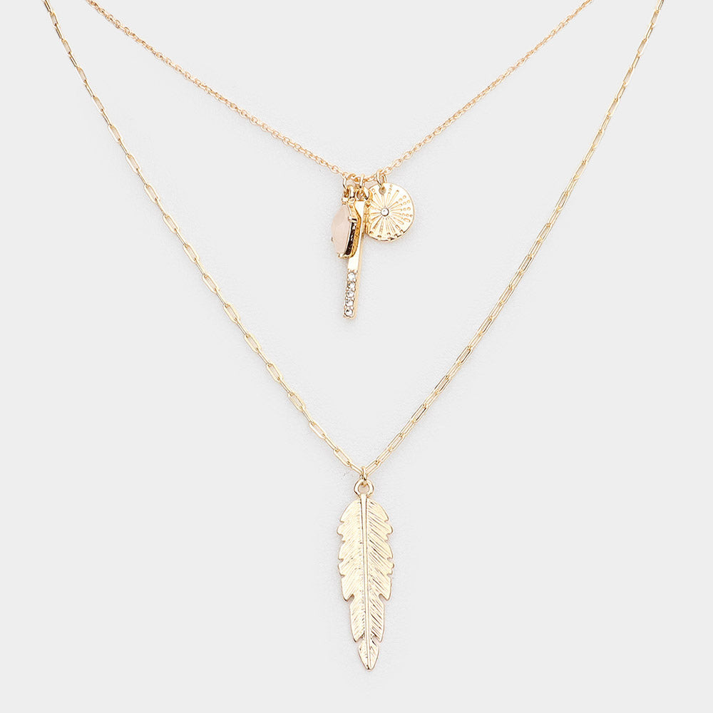 iLLASPARKZ Natural Stone Rhinestone Metal Bar Feather Pendant Double Layered Necklace