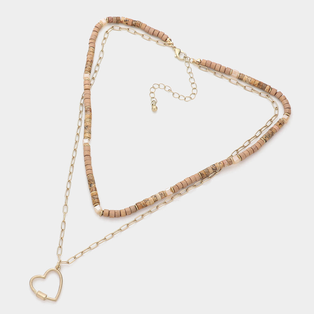 iLLASPARKZ Metal Heart Pendant Wood Natural Stone Double Layered Necklace