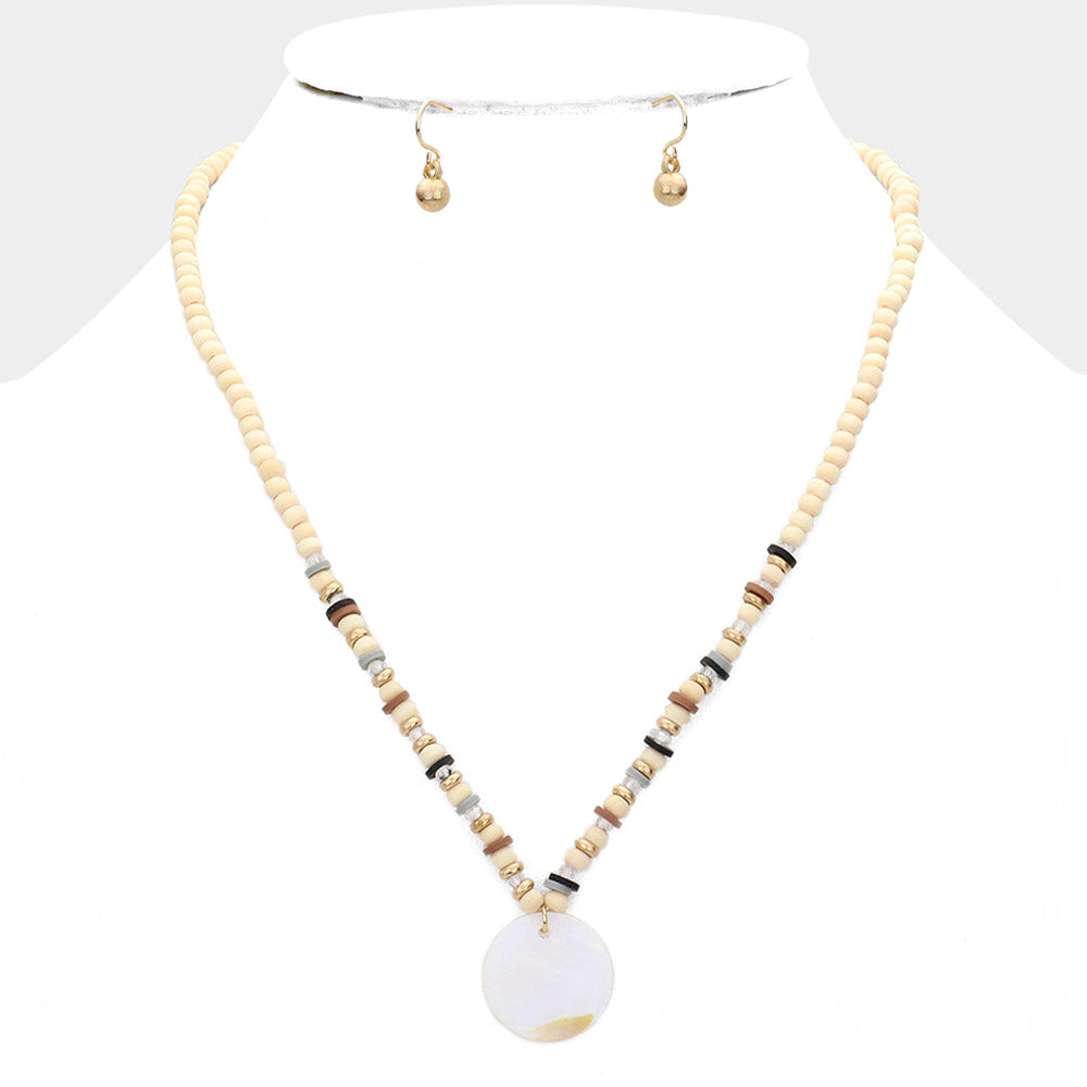 iLLASPARKZ Wood Heishi Beaded Mother Of Pearl Pendant Necklace