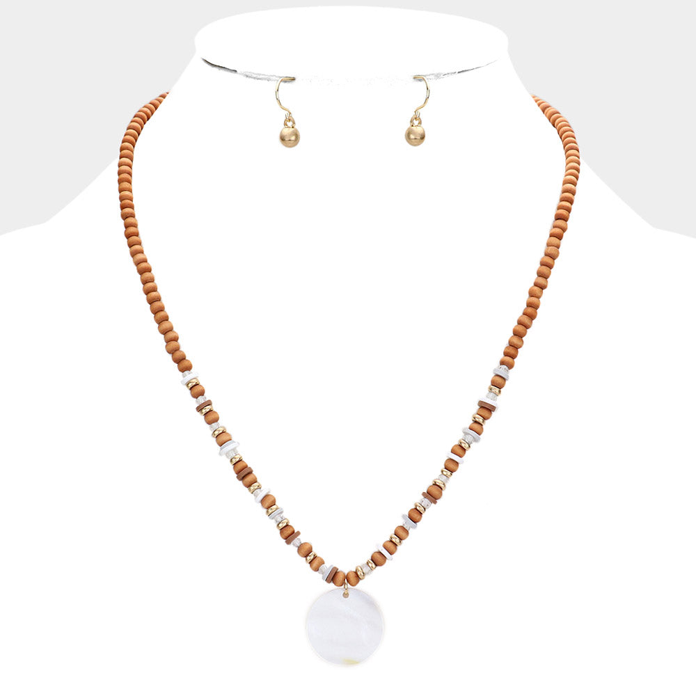 iLLASPARKZ Wood Heishi Beaded Mother Of Pearl Pendant Necklace