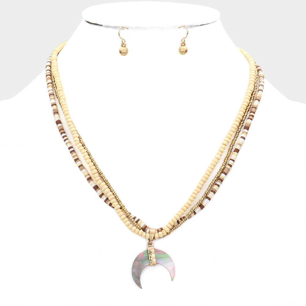 iLLASPARKZ Wood Heishi Beaded Abalone Crescent Pendant Triple Layered Pendant Necklace