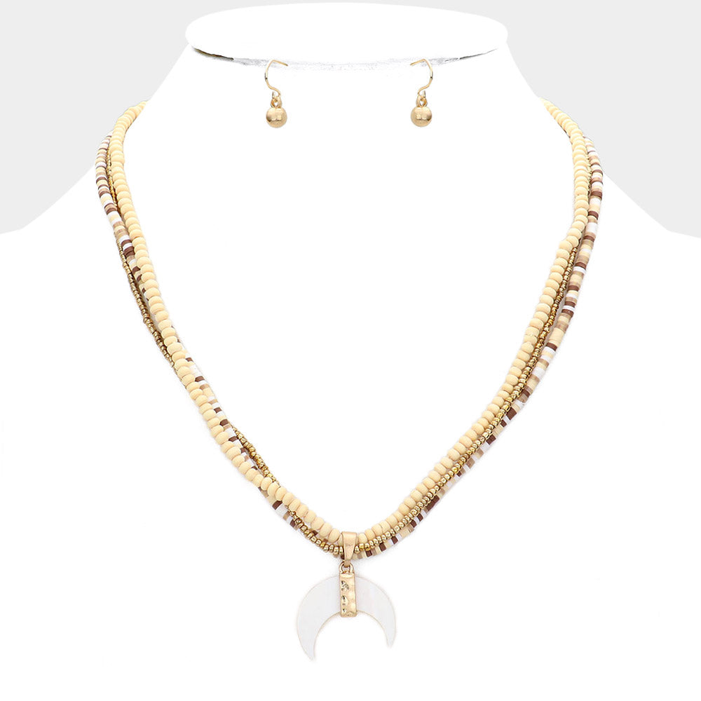 iLLASPARKZ Wood Heishi Beaded Abalone Crescent Pendant Triple Layered Pendant Necklace