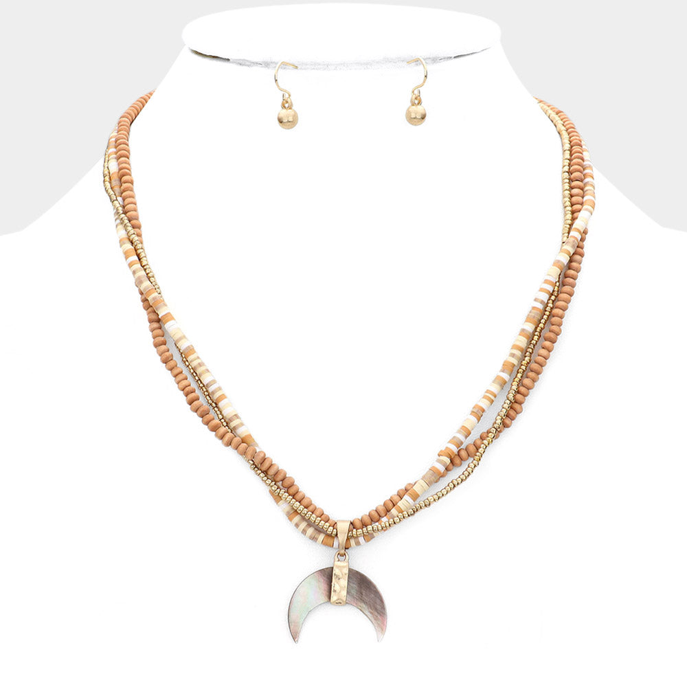 iLLASPARKZ Wood Heishi Beaded Abalone Crescent Pendant Triple Layered Pendant Necklace