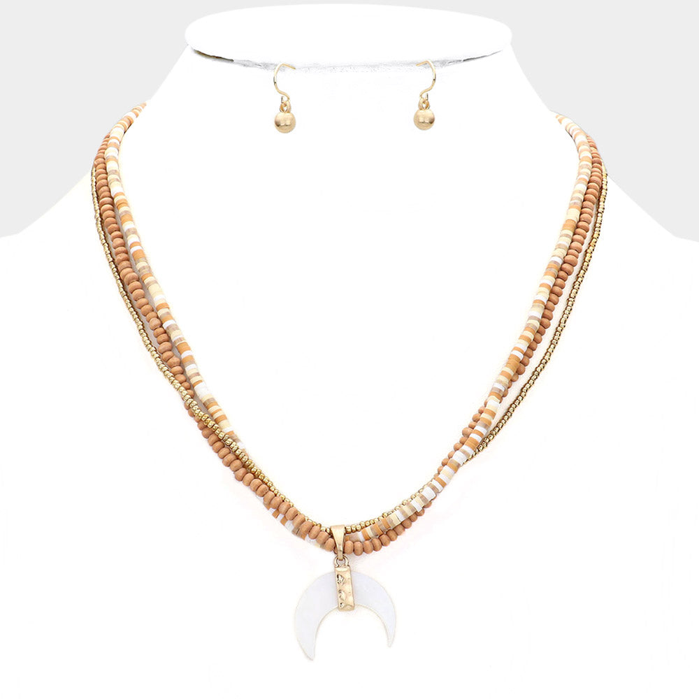 iLLASPARKZ Wood Heishi Beaded Abalone Crescent Pendant Triple Layered Pendant Necklace