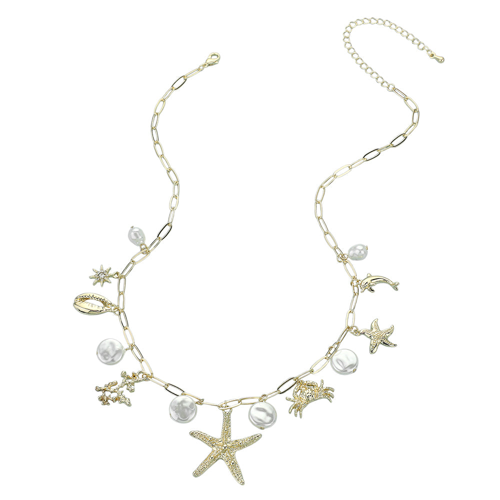 iLLASPARKZ Starfish Crab Puka Shell Pearl Dolphin Sea Life Charm Station Paperclip Chain Necklace