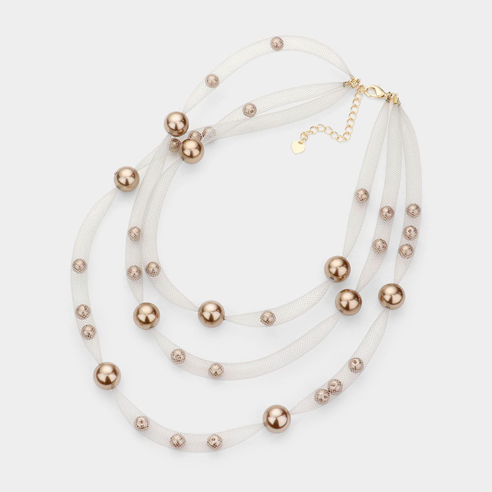 iLLASPARKZ Pearl Accented Triple Layered Mesh Bib Necklace