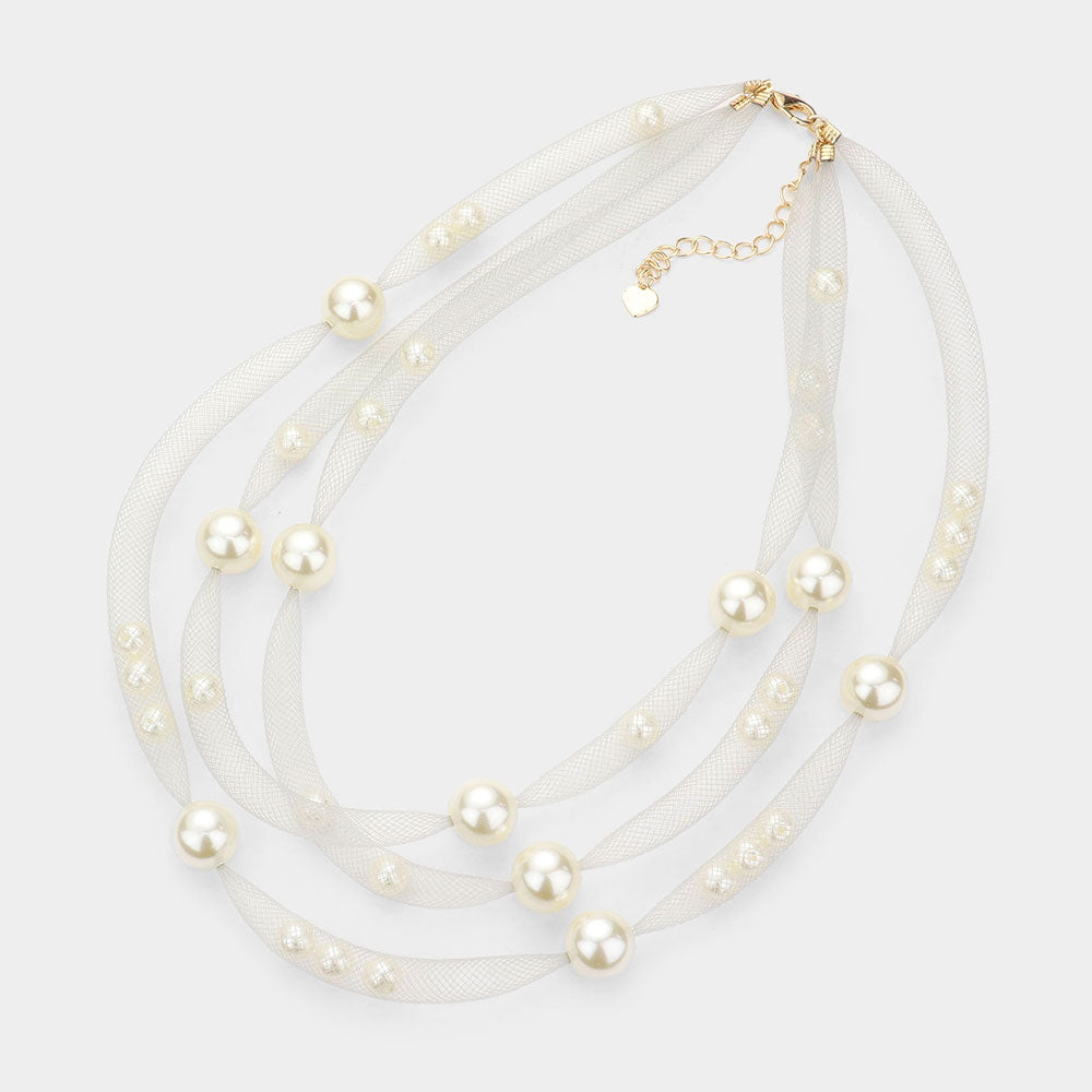 iLLASPARKZ Pearl Accented Triple Layered Mesh Bib Necklace