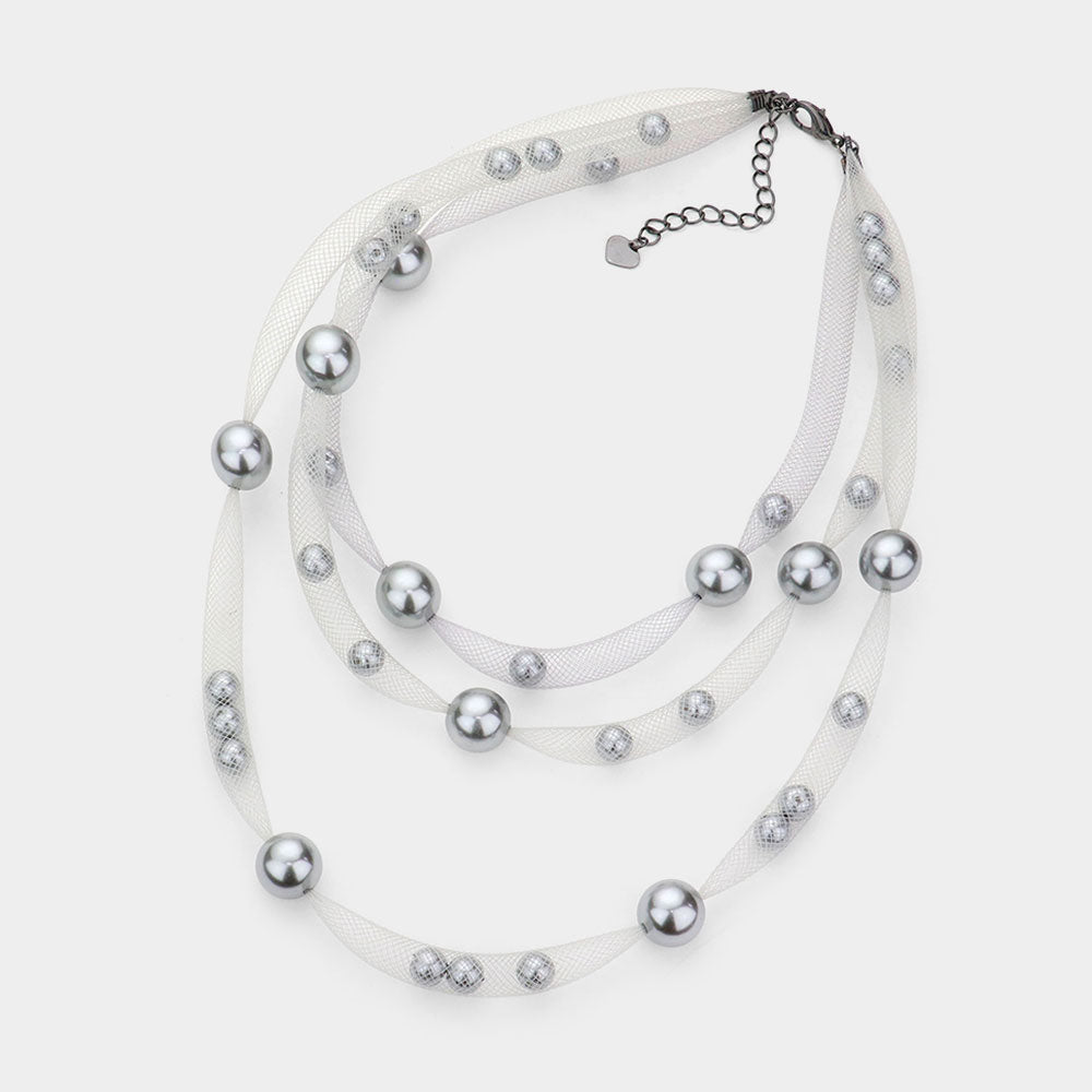 iLLASPARKZ Pearl Accented Triple Layered Mesh Bib Necklace