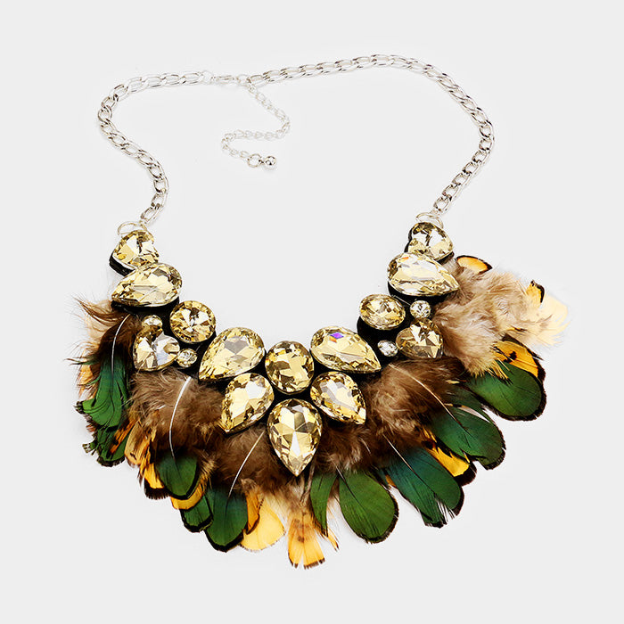 iLLASPARKZ Teardrop Glass Cluster Feather Fringe Statement Necklace