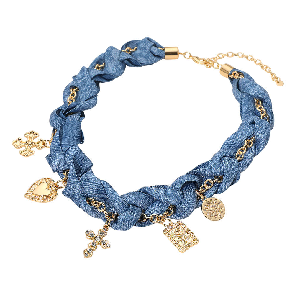 iLLASPARKZ Cross Heart Flower Charm Denim Fabric Braided Statement Necklace
