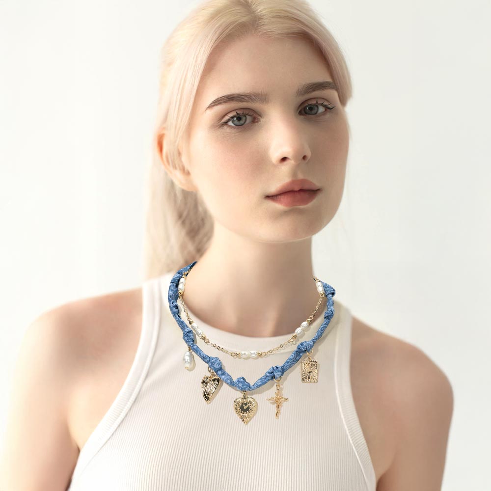 iLLASPARKZ Pearl Heart Cross Charm Layered Denim Fabric Braided Necklace