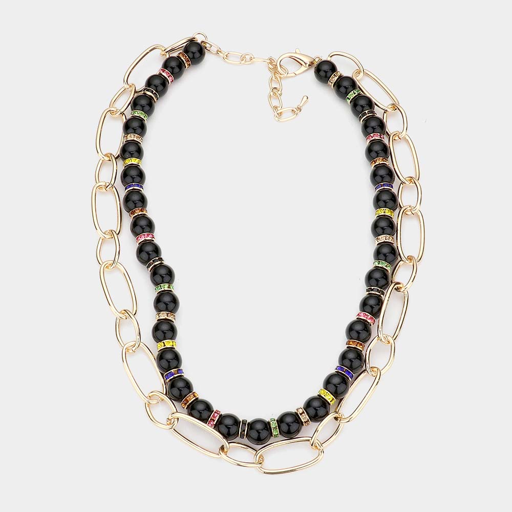 iLLASPARKZ Beaded Open Metal Oval Link Double Layered Necklace