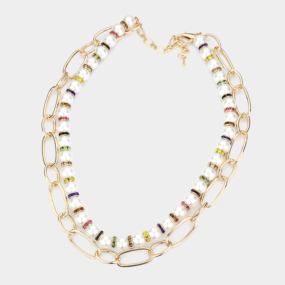 iLLASPARKZ Pearl Open Metal Oval Link Double Layered Necklace