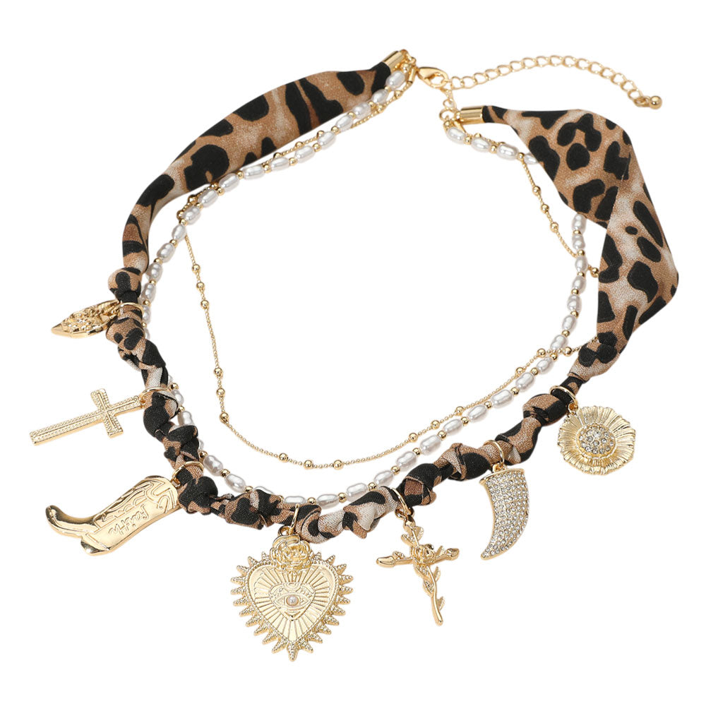 iLLASPARKZ Western Boot Geart Flower Cross Horn Charm Station Beads Pearl Leopard Fabric Chain Layered Necklace