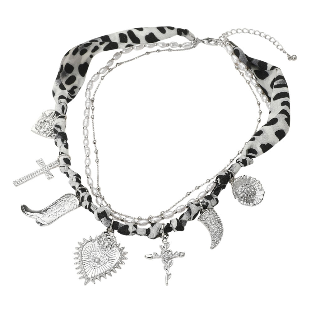 iLLASPARKZ Western Boot Geart Flower Cross Horn Charm Station Beads Pearl Leopard Fabric Chain Layered Necklace