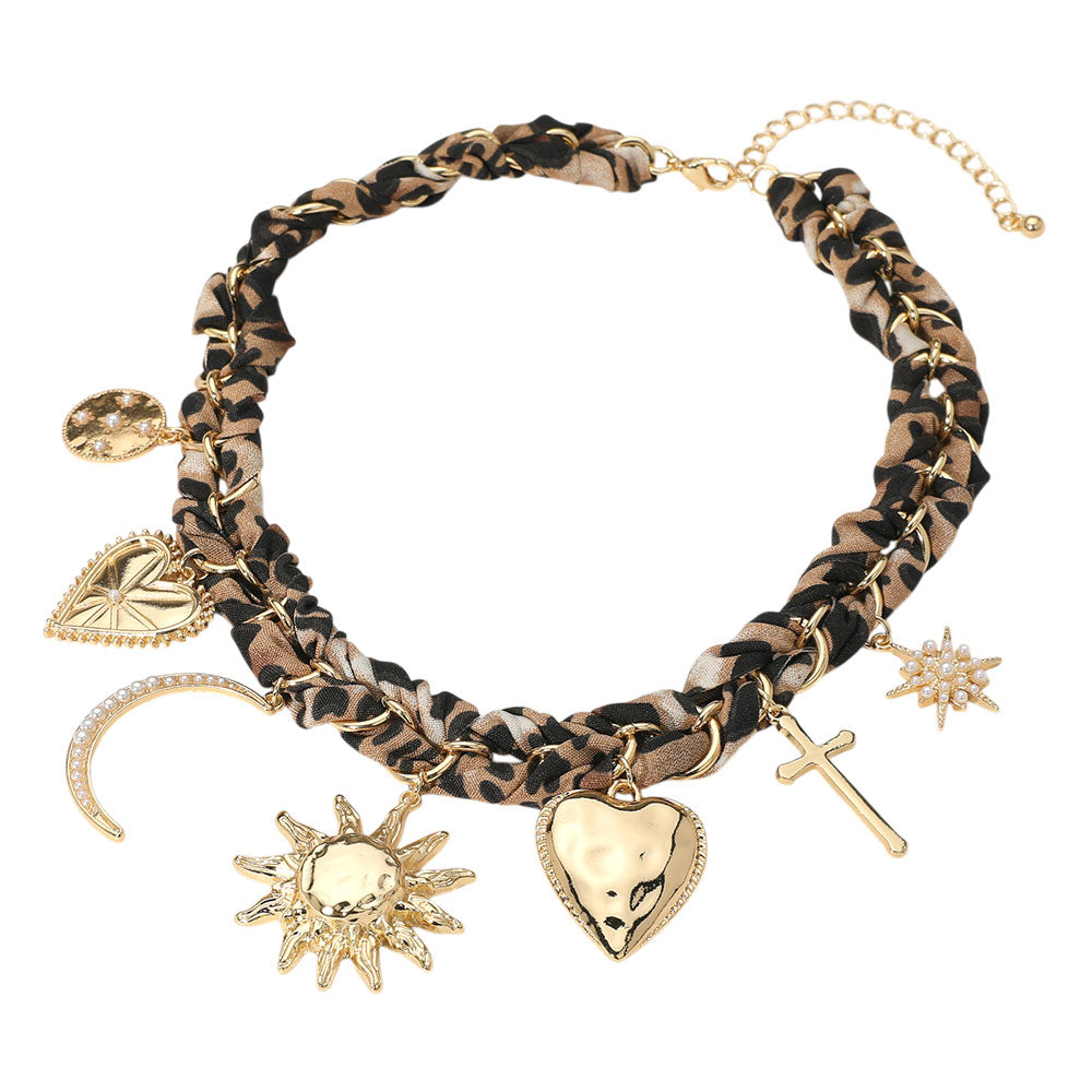 iLLASPARKZ Bold Metal Heart Sun Pearl Embellished Heart Crescent Sunburst Charm Station Leopard Fabric Chain Necklace