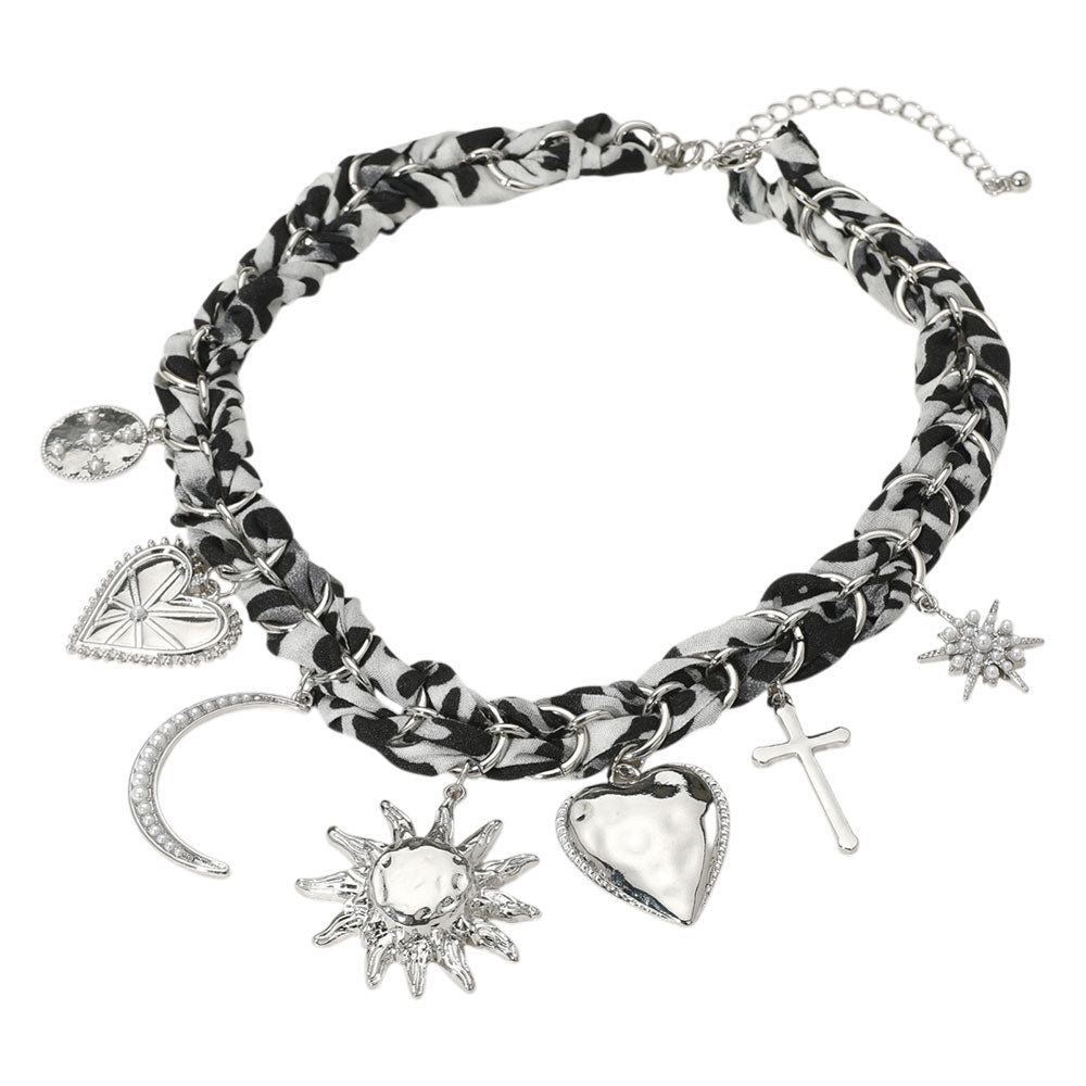 iLLASPARKZ Bold Metal Heart Sun Pearl Embellished Heart Crescent Sunburst Charm Station Leopard Fabric Chain Necklace