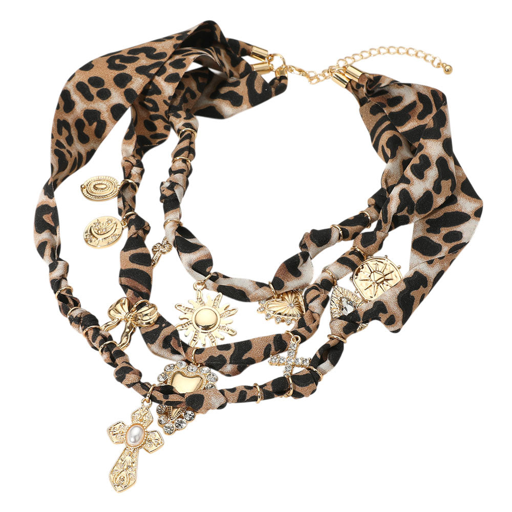 iLLASPARKZ Pearl Cross Heart Bow Sun Cross Charm Station Leopard Fabric Chain Triple Layerd Necklace