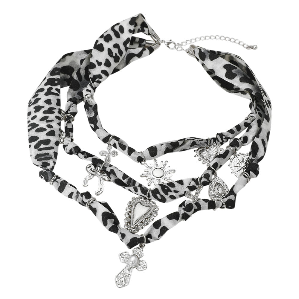 iLLASPARKZ Pearl Cross Heart Bow Sun Cross Charm Station Leopard Fabric Chain Triple Layered Necklace