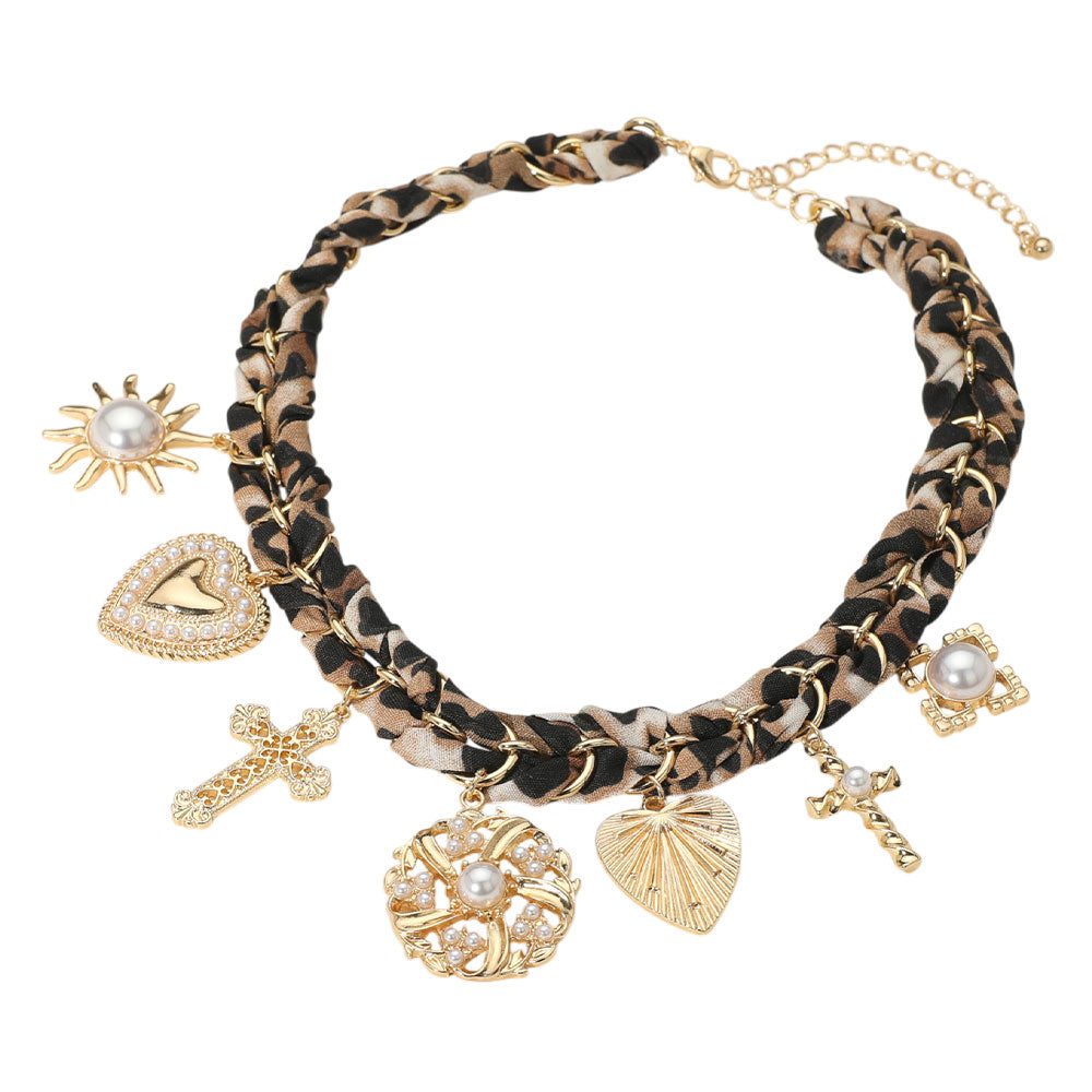 iLLASPARKZ Bold Pearl Embellished Heart Cross Sunburst Charm Station Leopard Fabric Chain Necklace