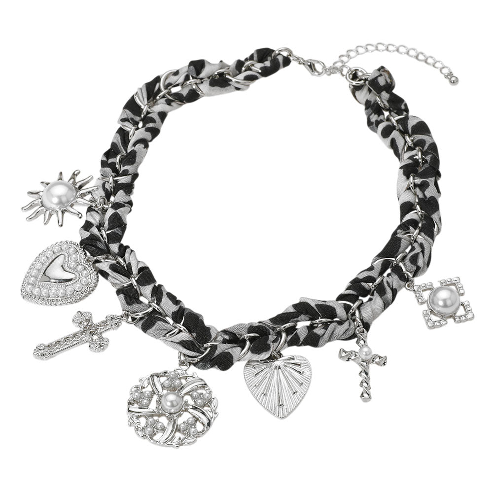 iLLASPARKZ Bold Pearl Embellished Heart Cross Sunburst Charm Station Leopard Fabric Chain Necklace