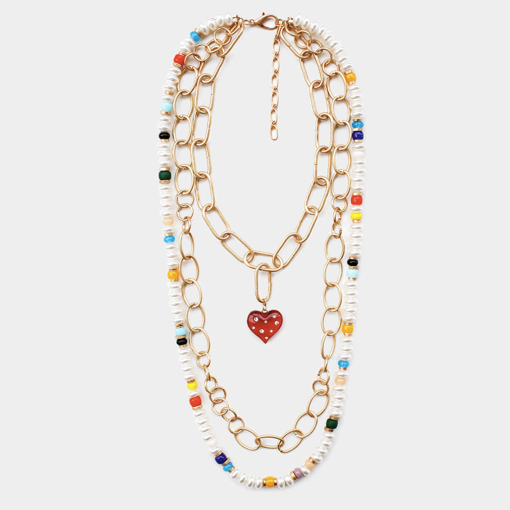 iLLASPARKZ Heart Pendant Accented  Pearl Resin Beaded Triple Layered Necklace