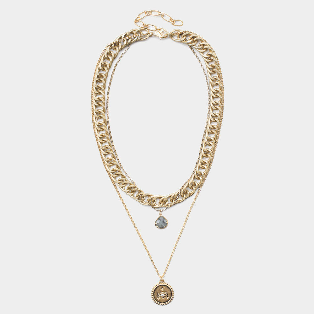 iLLASPARKZ Natural Stone Evil Eye Detailed Metal Round Pendant Triple Layered Necklace