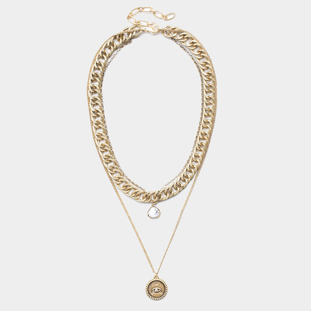 iLLASPARKZ Natural Stone Evil Eye Detailed Metal Round Pendant Triple Layered Necklace