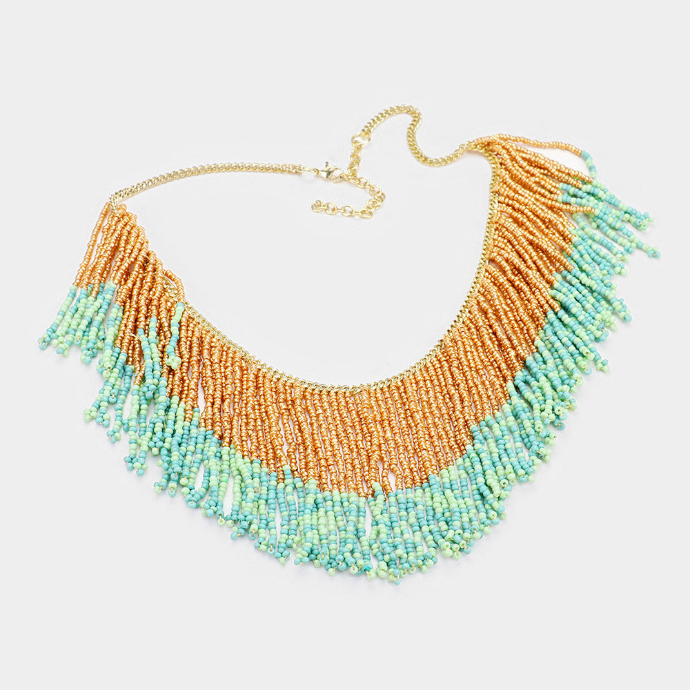 iLLASPARKZ Multi Color Seed Bead Drop Fringe Bib Necklace