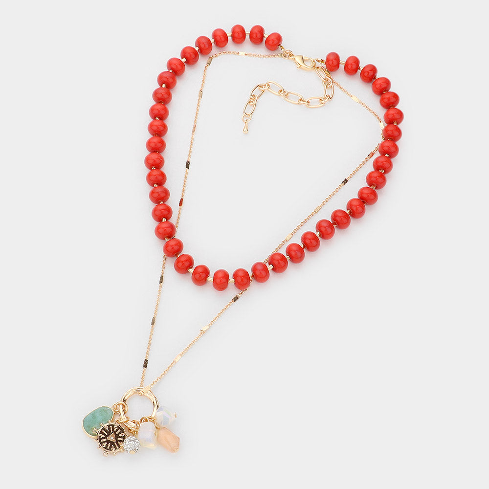 iLLASPARKZ Natural Stone Shamballa Ball Ship Heel Pendant Double Layered Necklace