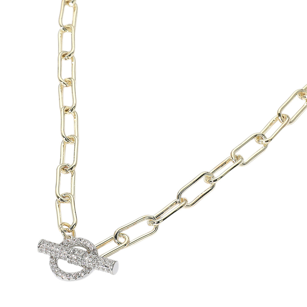 iLLASPARKZ 14K Gold Plated CZ Stone Paved Toggle Paperclip Chain Necklace