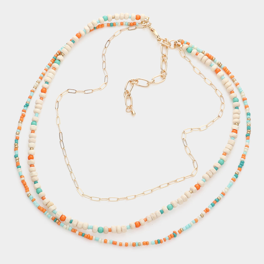 iLLASPARKZ Wood Ball Seed Beaded Triple Layered Bib Necklace
