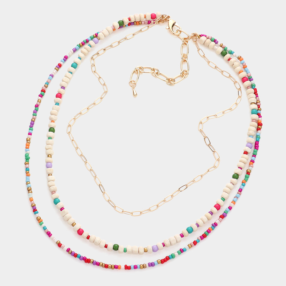 iLLASPARKZ Wood Ball Seed Beaded Triple Layered Bib Necklace