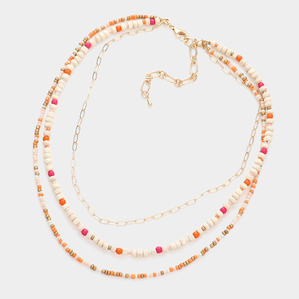 iLLASPARKZ Wood Ball Seed Beaded Triple Layered Bib Necklace