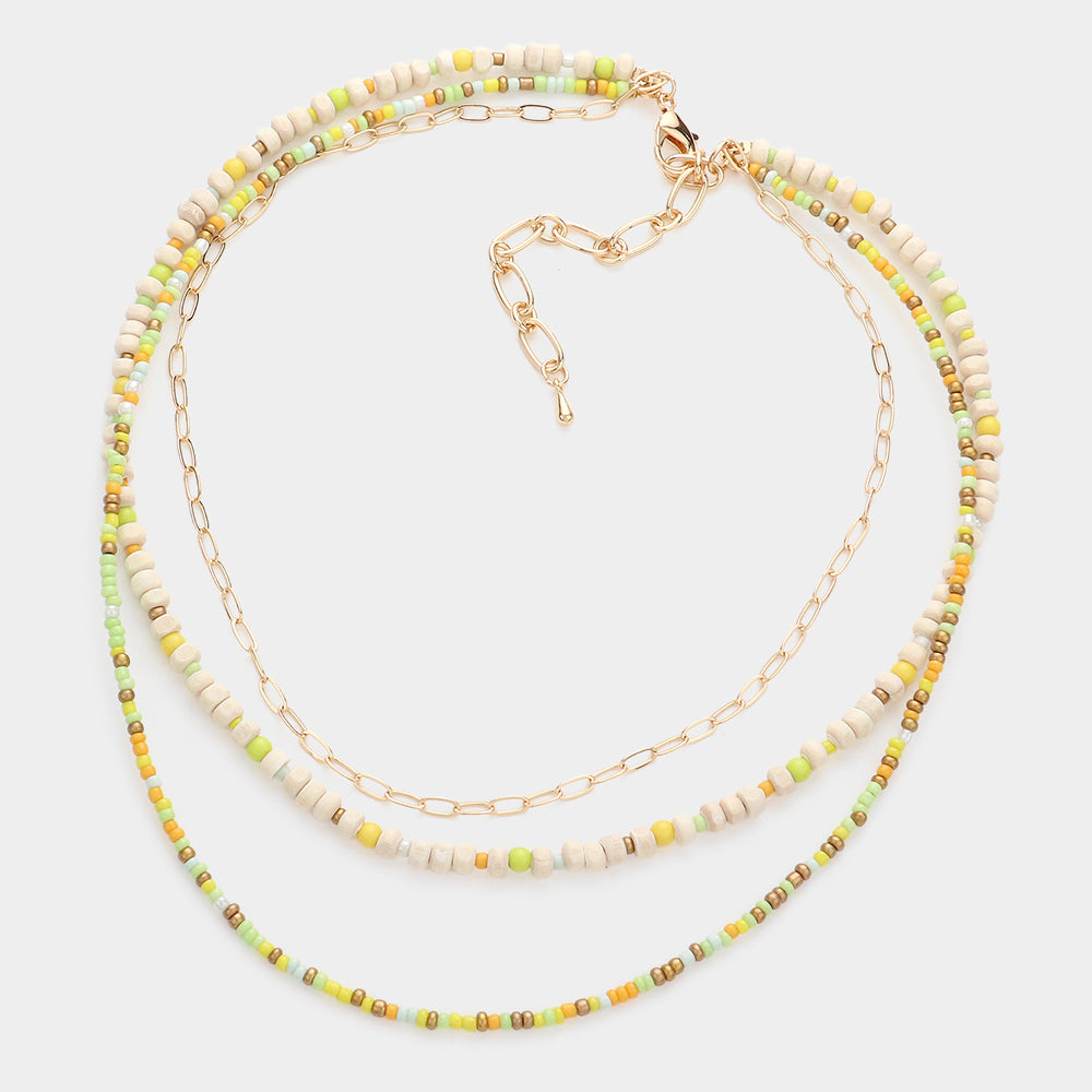 iLLASPARKZ Wood Ball Seed Beaded Triple Layered Bib Necklace