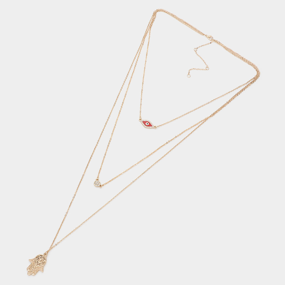 iLLASPARKZ Triple Layered Crystal Evil Eye Hamsa Hand Pendant Necklace