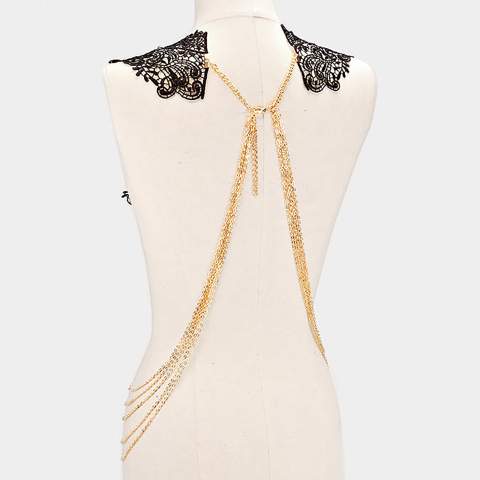 iLLASPARKZ Paisley crochet lace bib draped metal body chain necklace