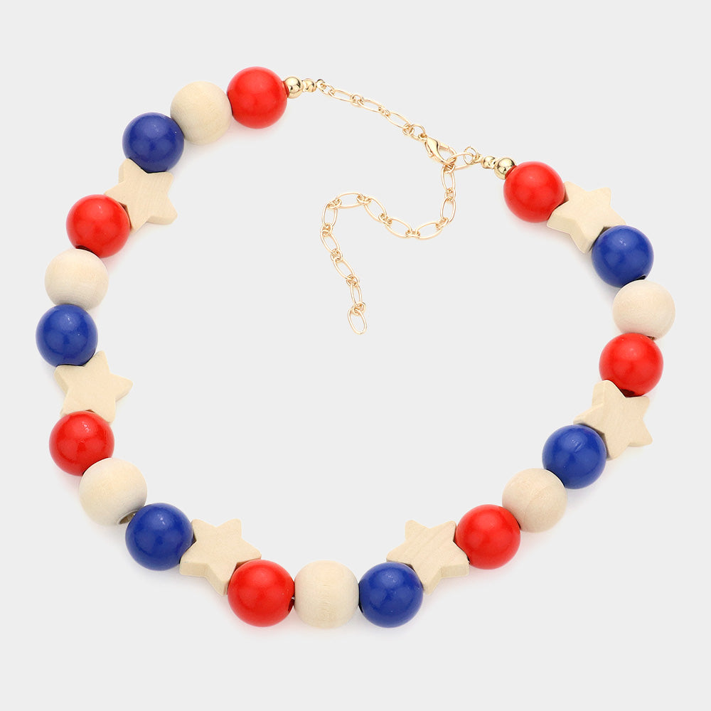 iLLASPARKZ American USA Flag Wood Star Ball Collar Necklace
