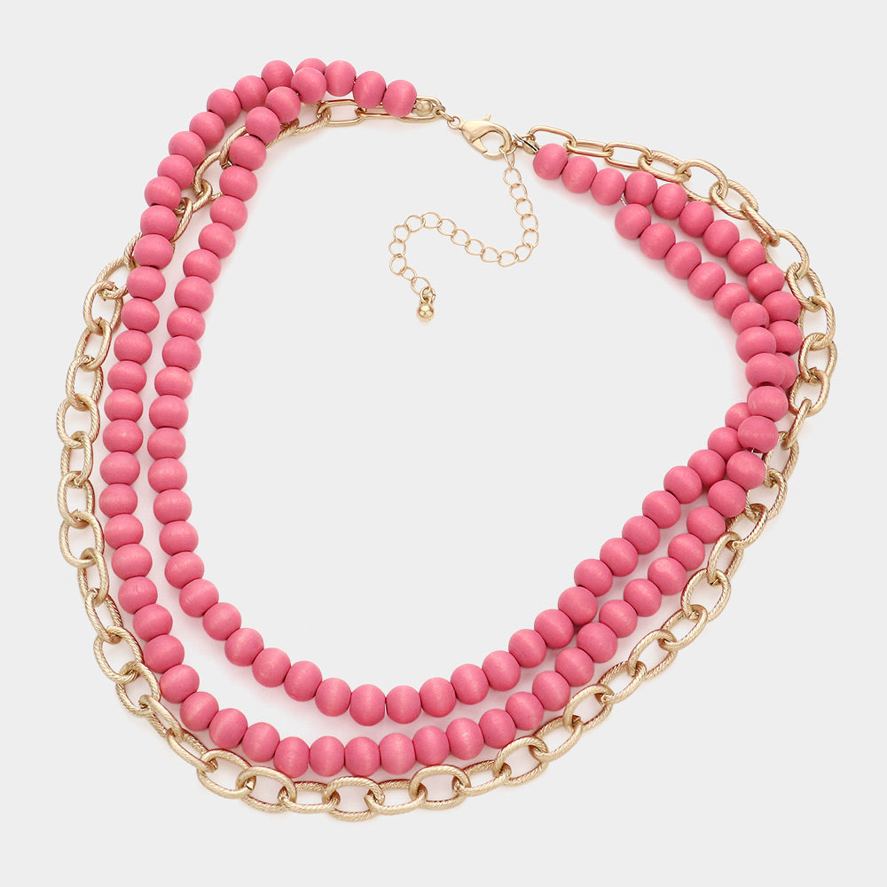 iLLASPARKZ Colored Wood Open Metal Oval Link Triple Layered Necklace