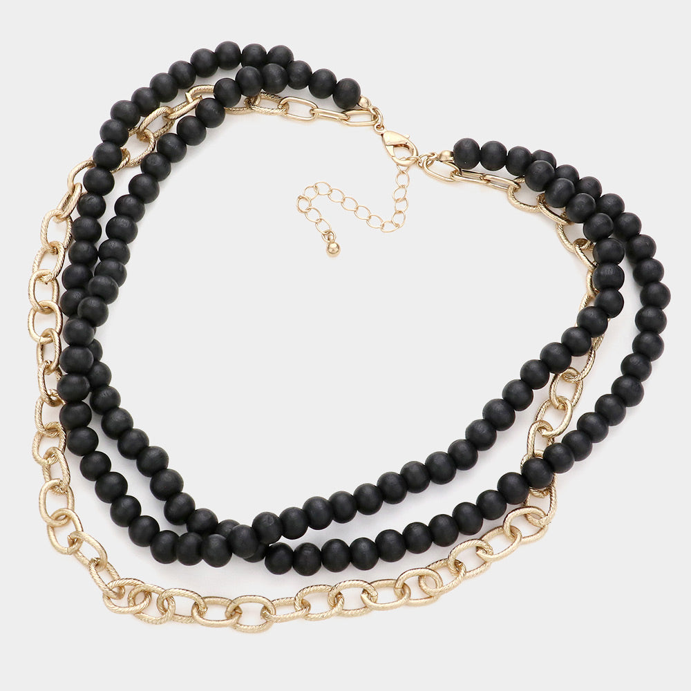 iLLASPARKZ Colored Wood Open Metal Oval Link Triple Layered Necklace