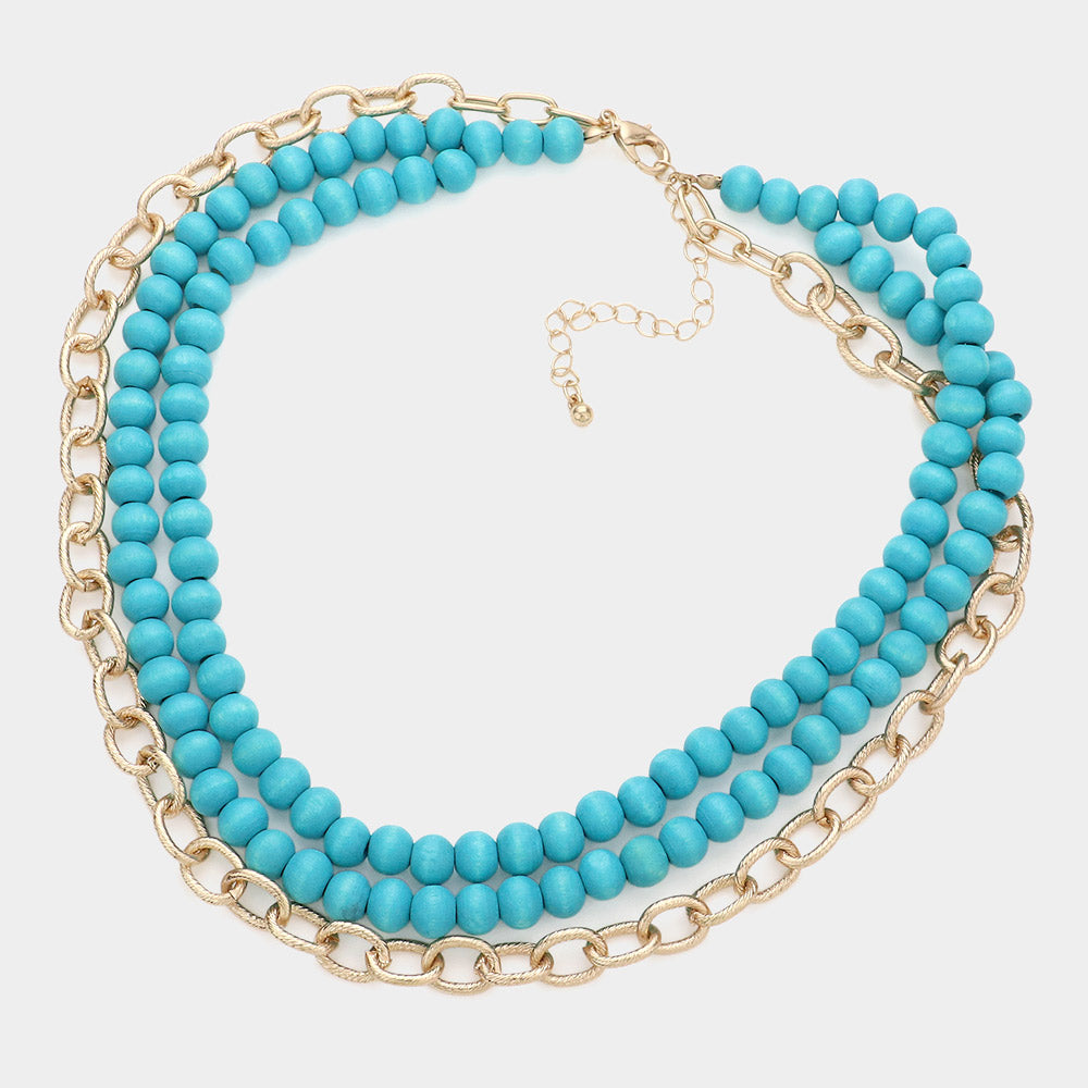 iLLASPARKZ Colored Wood Open Metal Oval Link Triple Layered Necklace