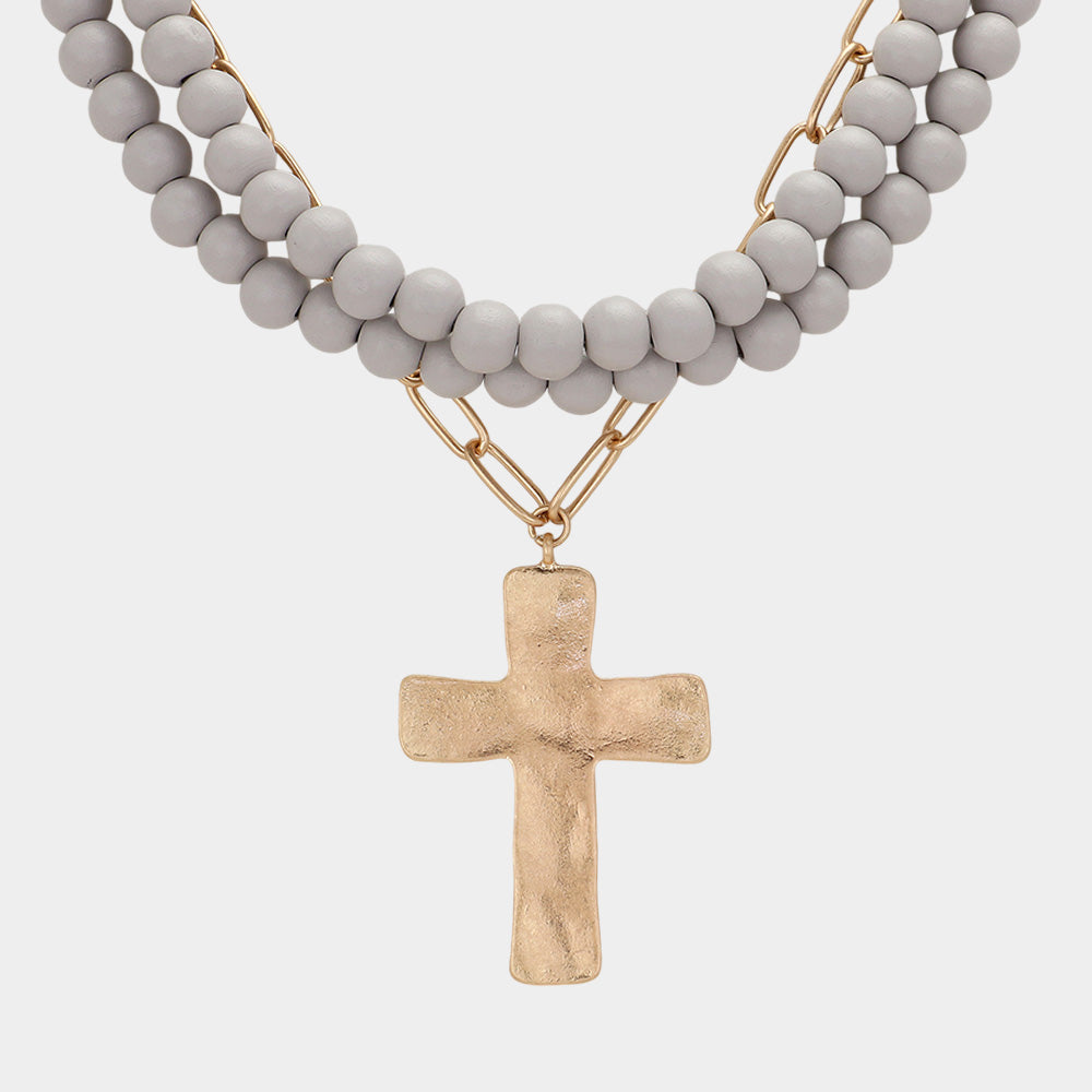 iLLASPARKZ Hammered Metal Cross Pendant Wood Paperclip Chain Layered Necklace