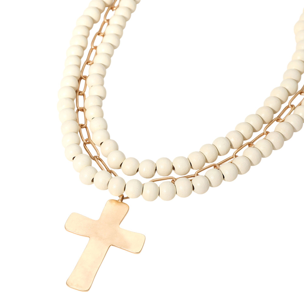 iLLASPARKZ Hammered Metal Cross Pendant Wood Paperclip Chain Layered Necklace