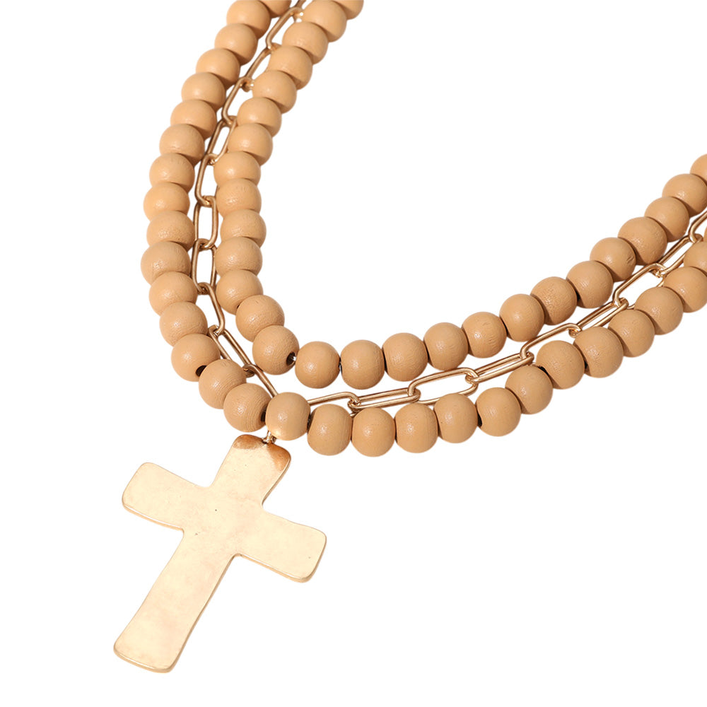 iLLASPARKZ Hammered Metal Cross Pendant Wood Paperclip Chain Layered Necklace