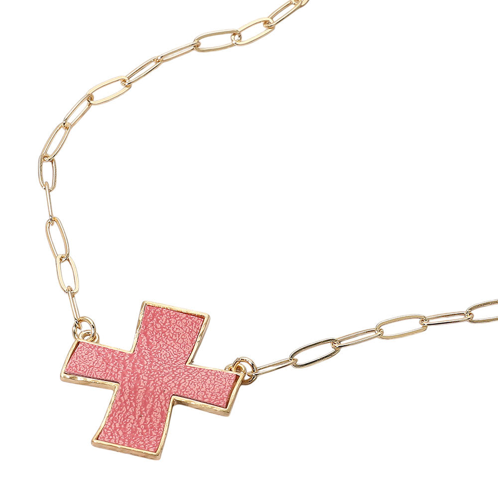 iLLASPARKZ Faux Leather Cross Pendant Paperclip Chain Necklace