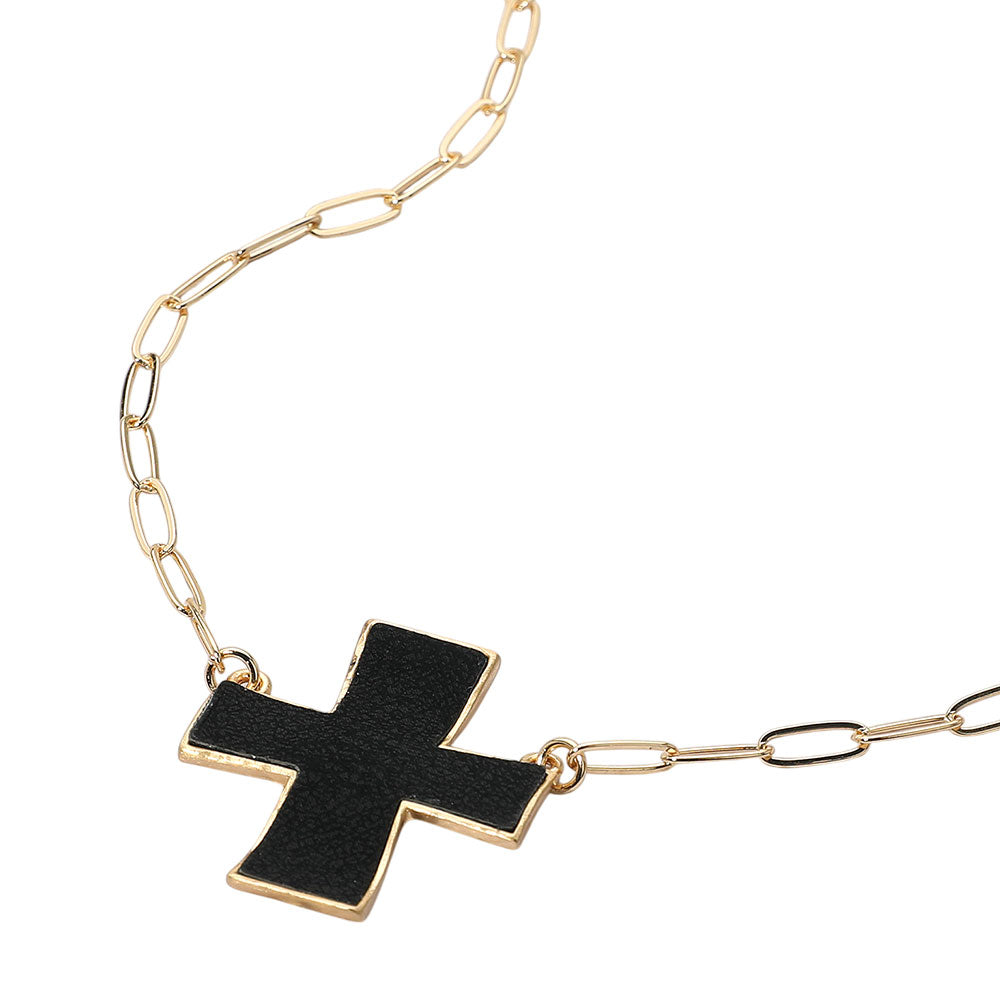 iLLASPARKZ Faux Leather Cross Pendant Paperclip Chain Necklace