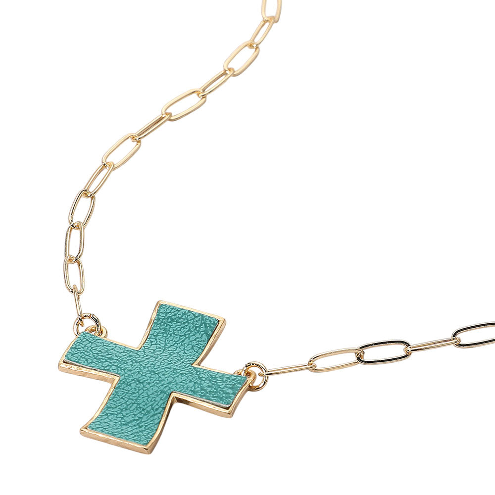 iLLASPARKZ Faux Leather Cross Pendant Paperclip Chain Necklace