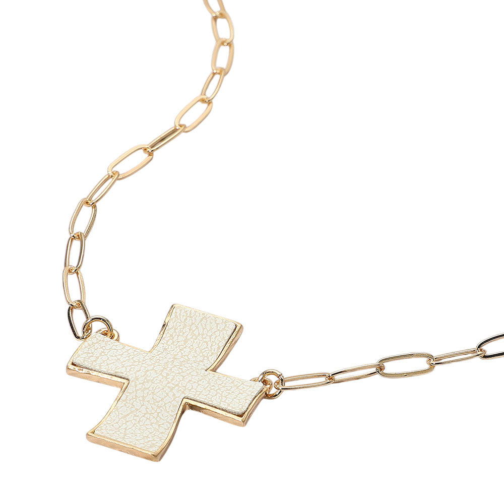 iLLASPARKZ Faux Leather Cross Pendant Paperclip Chain Necklace