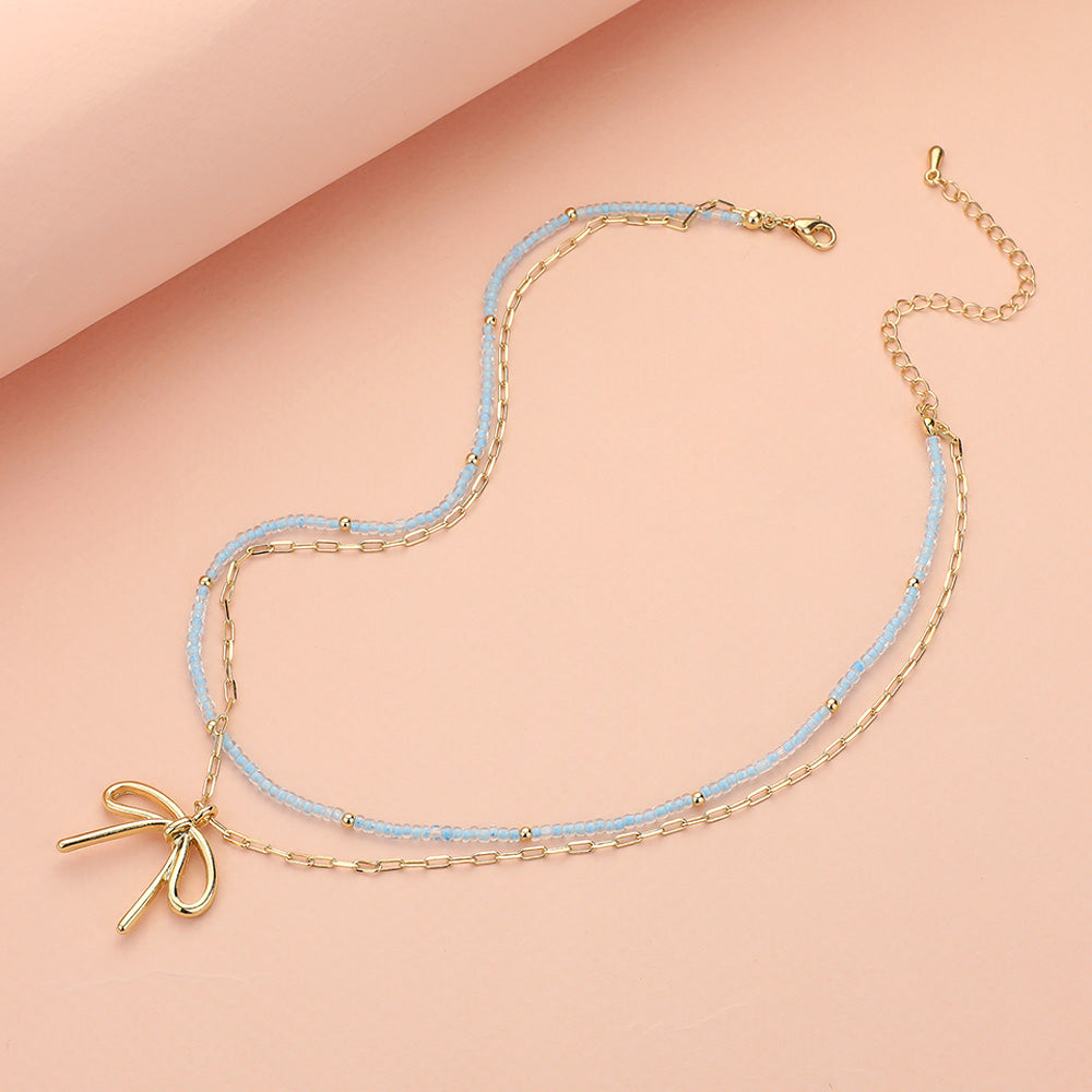iLLASPARKZ Metal Bow Pendant Seed Beaded Paperclip Chain Layered Necklace