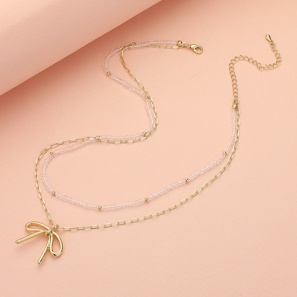 iLLASPARKZ Metal Bow Pendant Seed Beaded Paperclip Chain Layered Necklace